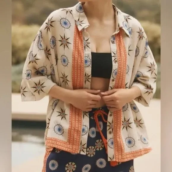 By Anthropologie Printed Short-Sleeve Linen Buttondown Shirt Top Cream compass - Picture 10 of 11